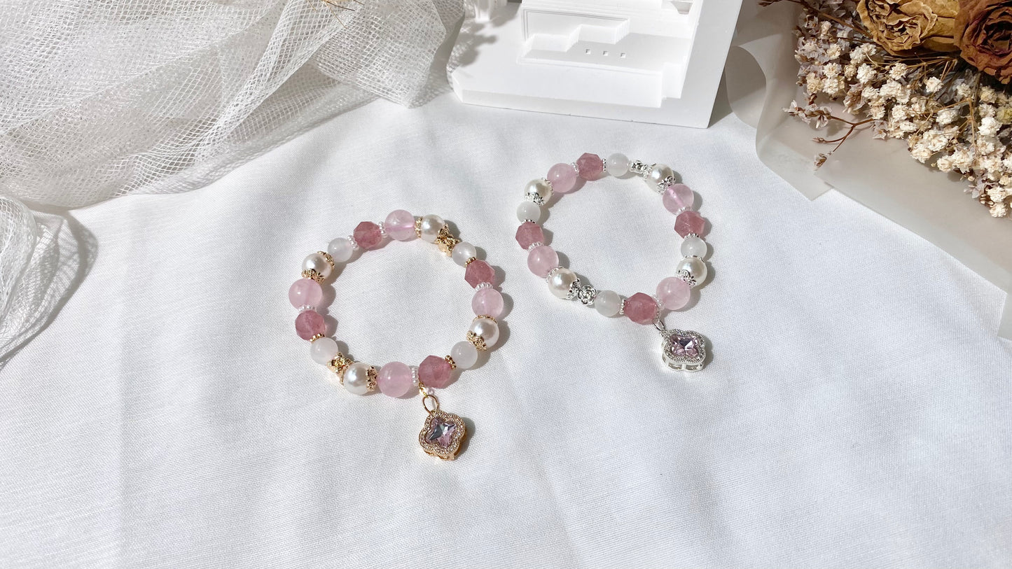 *PO* Cordelia Twin - Faceted Strawberry Quartz, Rose Quartz & Moonstone with Sparkly Clover Charm in Silver Crystal Bracelet (Elastic)