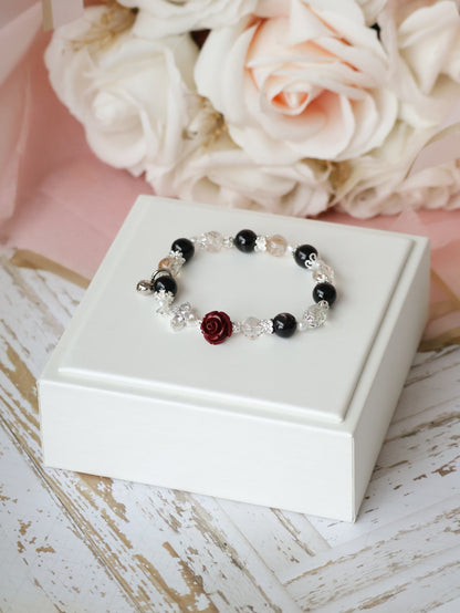 *Backorder* Hypersthene, Black Gold Super 7 & Cinnabar Rose with Clover Charm Crystal Bracelet (Elastic)