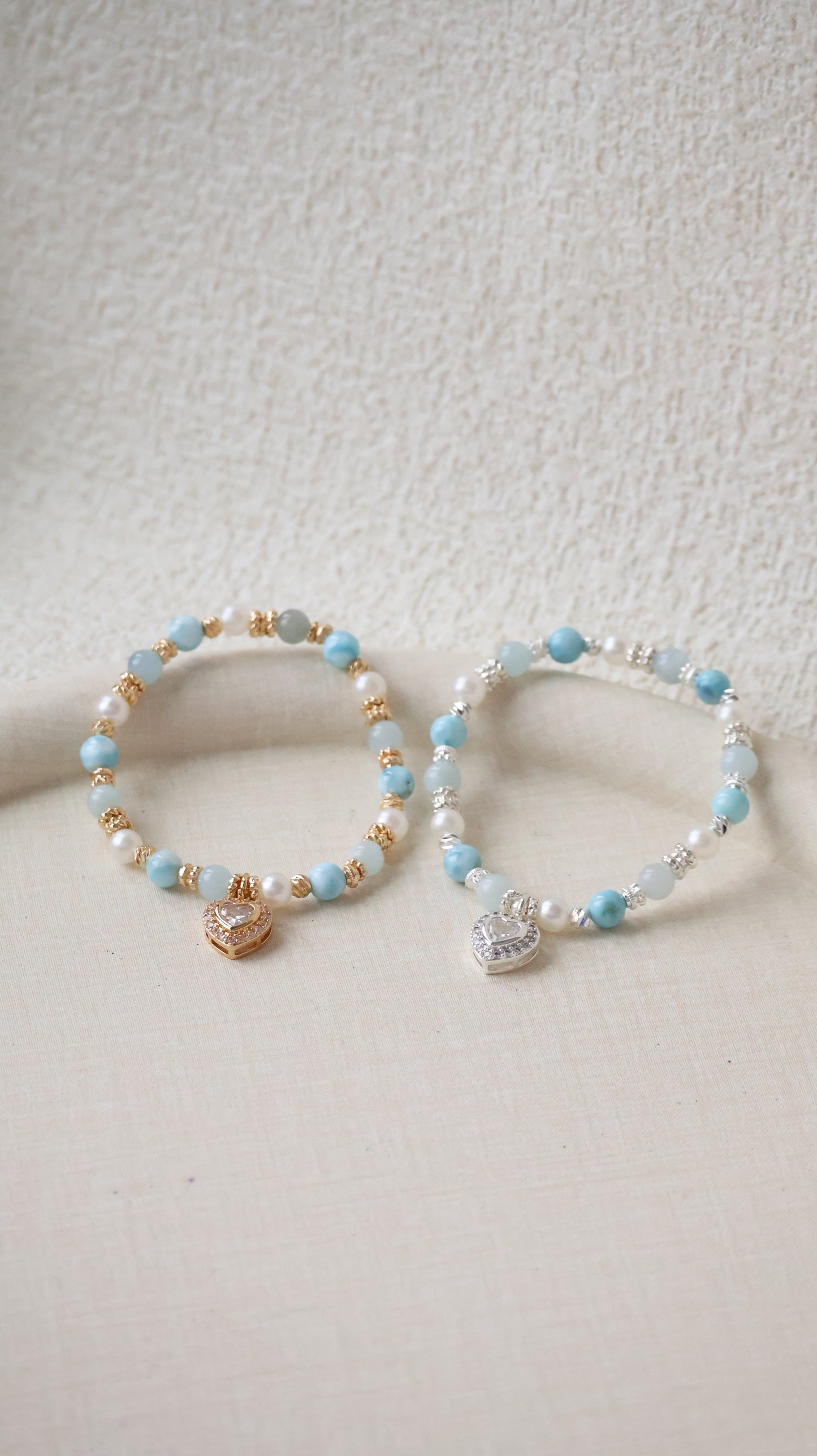 *Backorder* Larimar & Aquamarine with Gem Heart Charm Crystal Bracelet (Elastic) 2.0