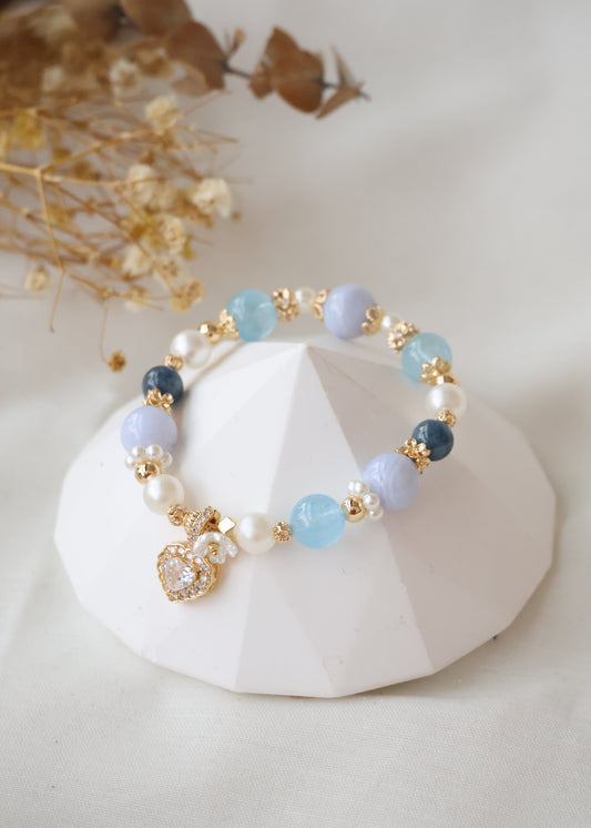 *Backorder* Blue Topaz, Blue Lace Agate & Devil Blue Aquamarine with Sparkly Heart & White Flower Charms Crystal Bracelet (Elastic)