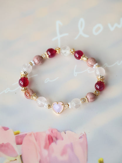 *INSTOCKS* Cheru Customs - Red Star Ruby, Pink Alashan Agate & Snow Garden Rose Quartz with Pink Heart Charm Crystal Bracelet