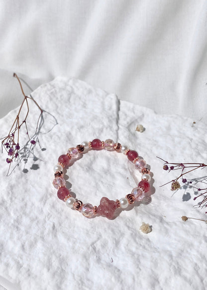 *PO* Strawberry Quartz with Strawberry Quartz Clover Charm Crystal Bracelet (Elastic)