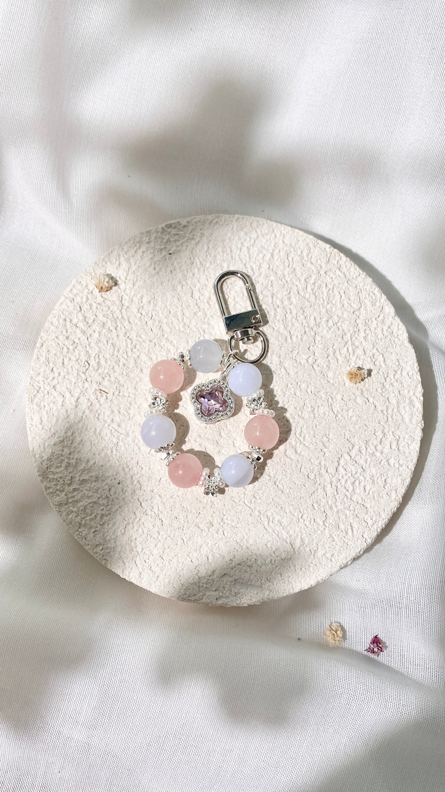 *PO* Blue Chalcedony & Rose Quartz with Sparkly Clover Charm in Silver Crystal Keychain