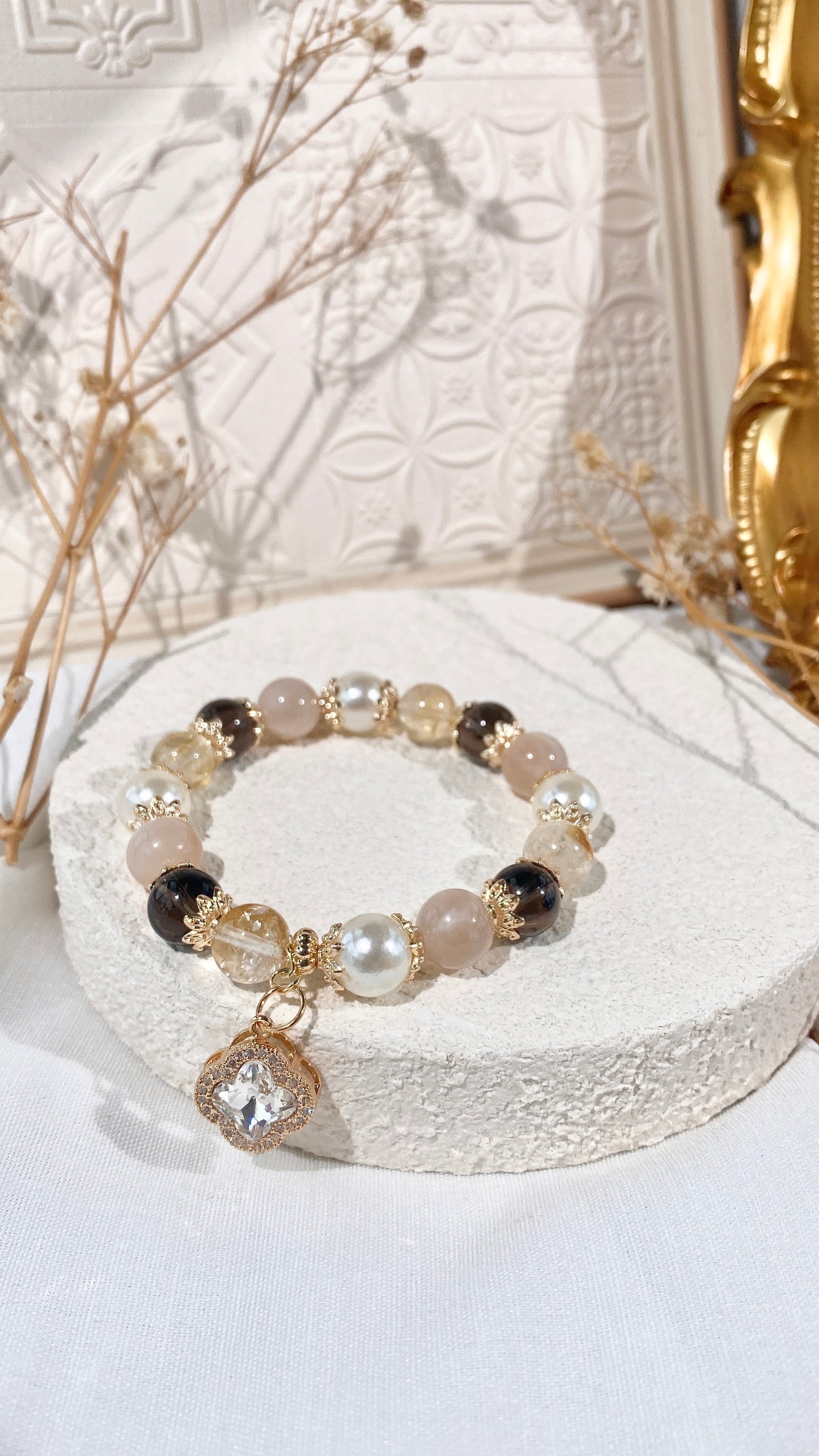 *PO* Cordelia Twin - Peach Moonstone, Azeztulite Citrine & Smokey Quartz with Sparkly Clover Charm Crystal Bracelet (Elastic)