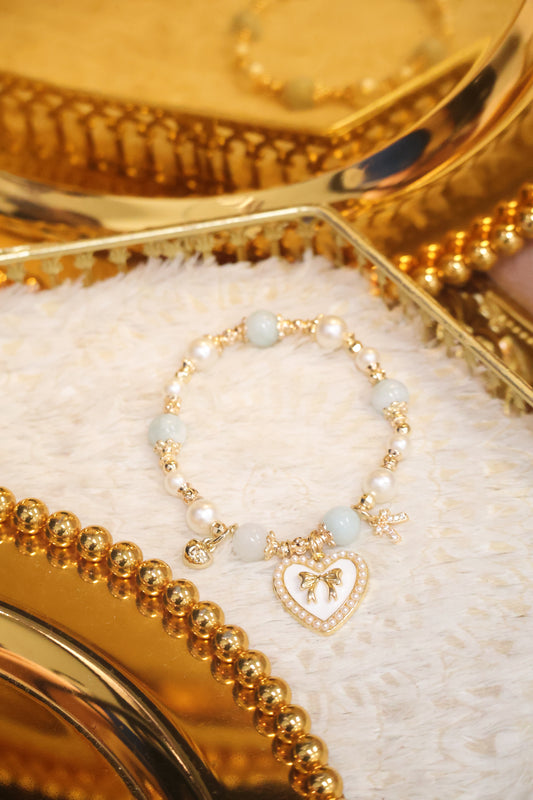 *Instocks* Cherie - Aquamarine with Heart & Ribbon Charms Crystal Bracelet