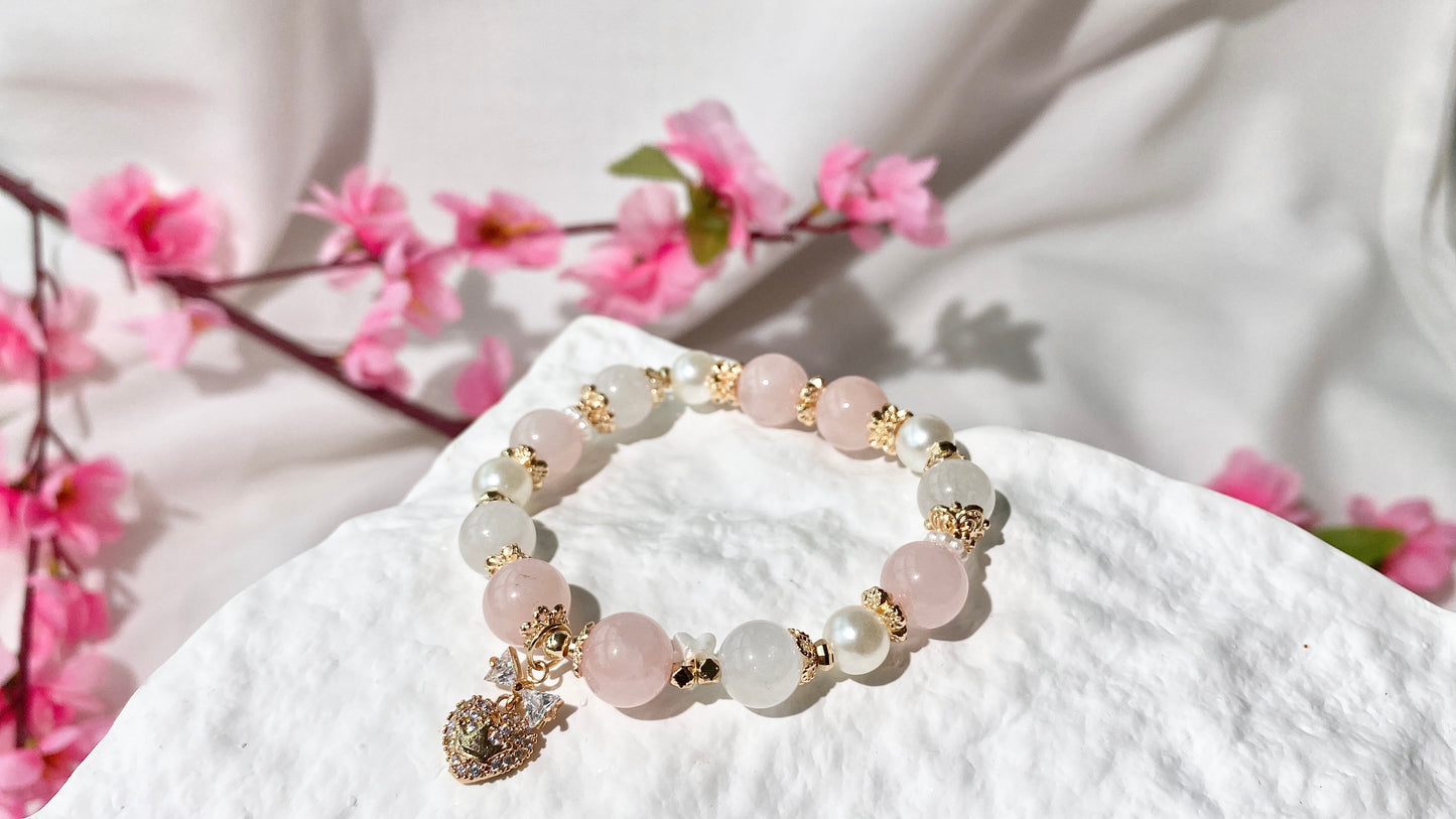 *PO* Rose Quartz & White Rabbit Hair with Sparkly Bow Heart Charm Crystal Bracelet (Elastic)