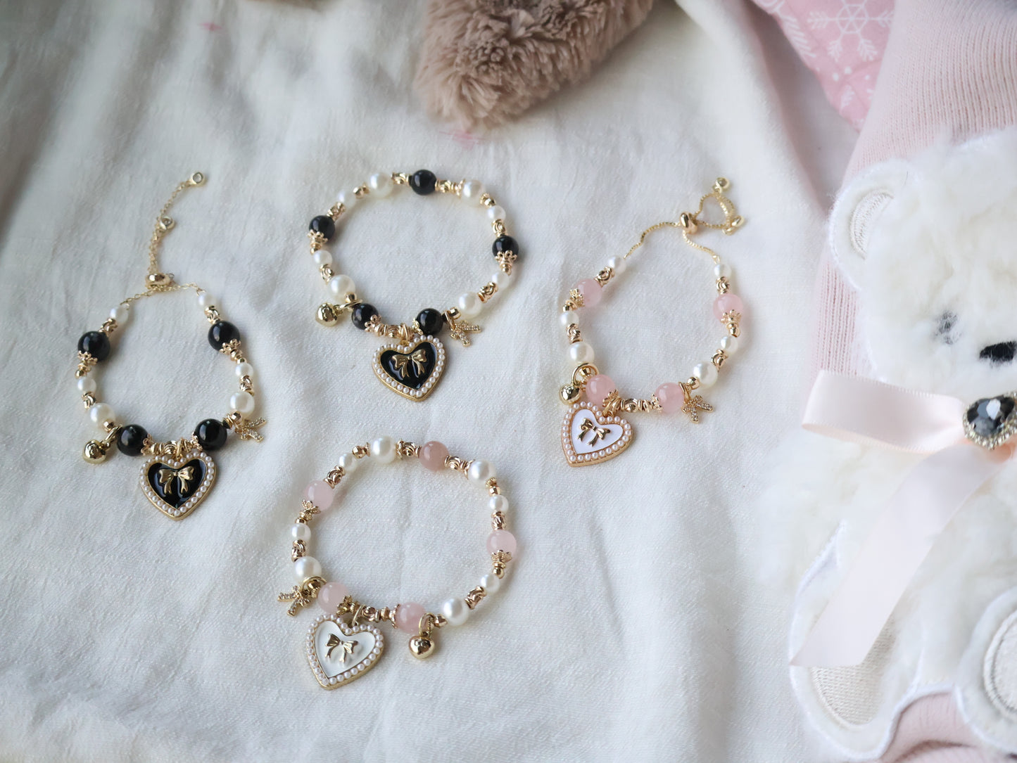 *Backorder* Cherie - Rose Quartz / Hypersthene with Heart & Ribbon Charms Crystal Bracelet (Push Pull)