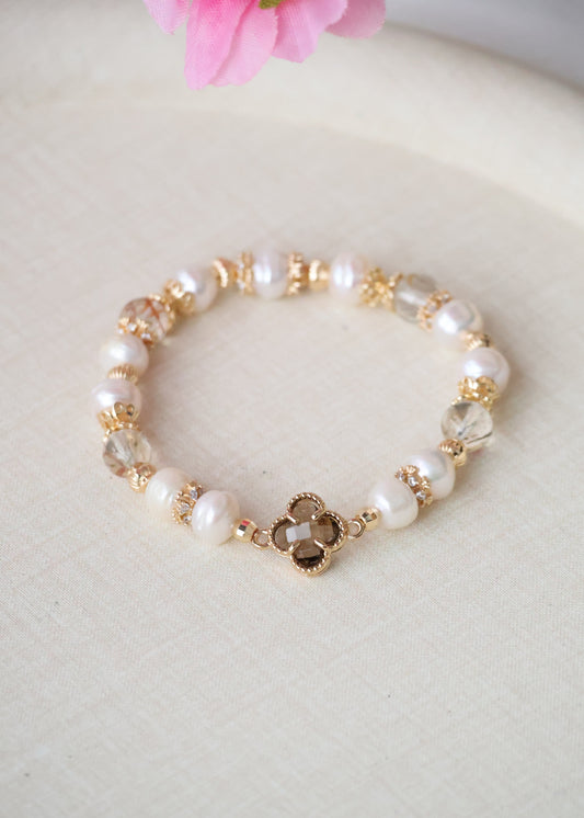 *PO* Black Gold Super 7 & Natural Freshwater Pearls with Clover Charm Crystal Bracelet (Elastic)