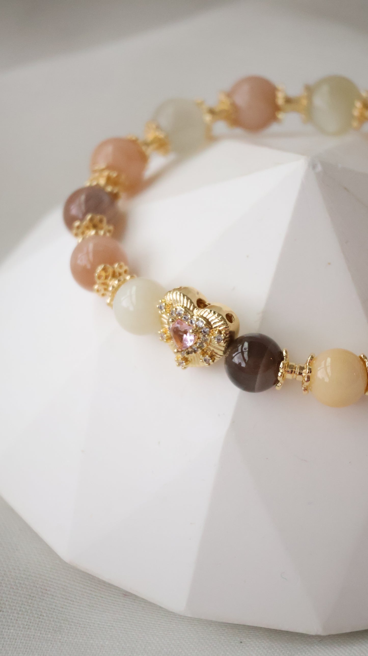 *Backorder* Moonstone & Peach Moonstone with Pink Gem Heart Crystal Bracelet (Elastic)