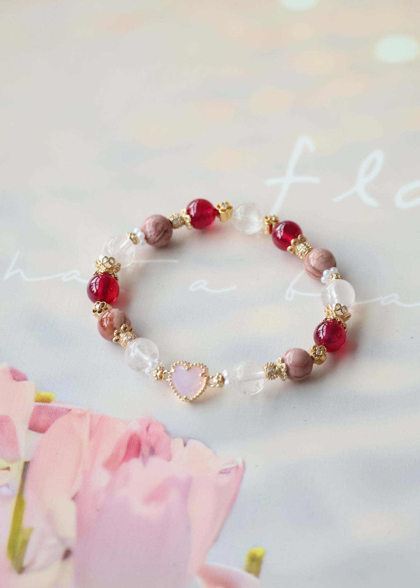 *INSTOCKS* Cheru Customs - Red Star Ruby, Pink Alashan Agate & Snow Garden Rose Quartz with Pink Heart Charm Crystal Bracelet