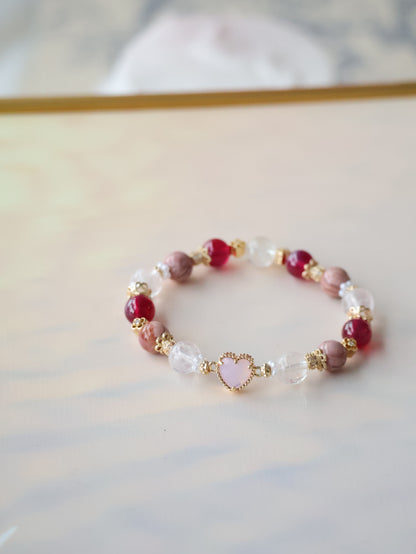 *Instocks* Cheru Customs - Red Star Ruby, Pink Alashan Agate & Snow Garden Rose Quartz with Pink Heart Charm Crystal Bracelet