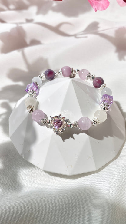 *PO* Snow Garden Rose Quartz, Kunzite,  Unicorn Stone & Cat Eye with Sparkly Heart Charm Crystal Bracelet (Elastic) 2.0