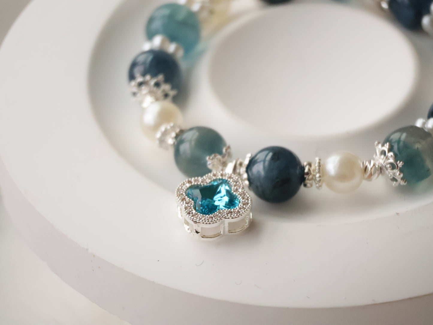 *Backorder* Cordelia Twin - Blue Fluorite & Devil Blue Aquamarine with Sparkly Blue Clover Crystal Bracelet (Elastic)