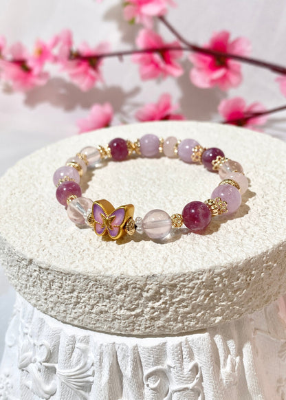 *Instocks* Cheru Customs - Pink Purple Emerald Mica, Kunzite, Rose Quartz & Rose Quartz Rondelle with Purple Butterfly Charm Crystal Bracelet