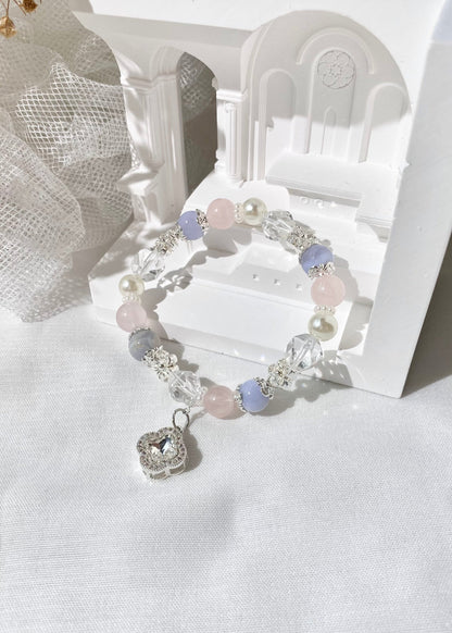 *PO* Cordelia Twin - Blue Lace Agate, Rose Quartz & Clear Quartz Freeform with Sparkly Clover Charm Crystal Bracelet (Elastic)