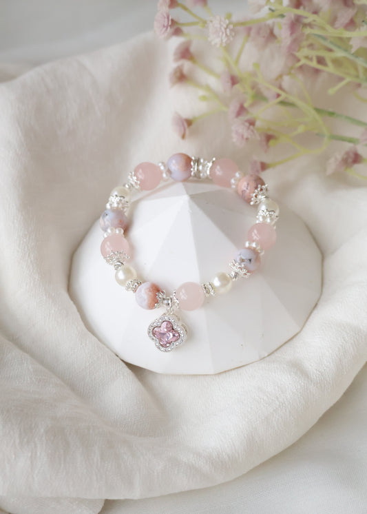 *Instocks* Cordelia Twin - Flower Agate & Rose Quartz with Sparkly Clover Charm Crystal Bracelet (Elastic)