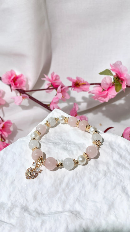 *PO* Rose Quartz & White Rabbit Hair with Sparkly Bow Heart Charm Crystal Bracelet (Elastic)