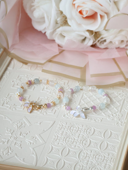 *Backorder* Aquamarine, Kunzite & White Phantom Quartz with Flower Clasp Crystal Bracelet (Elastic)