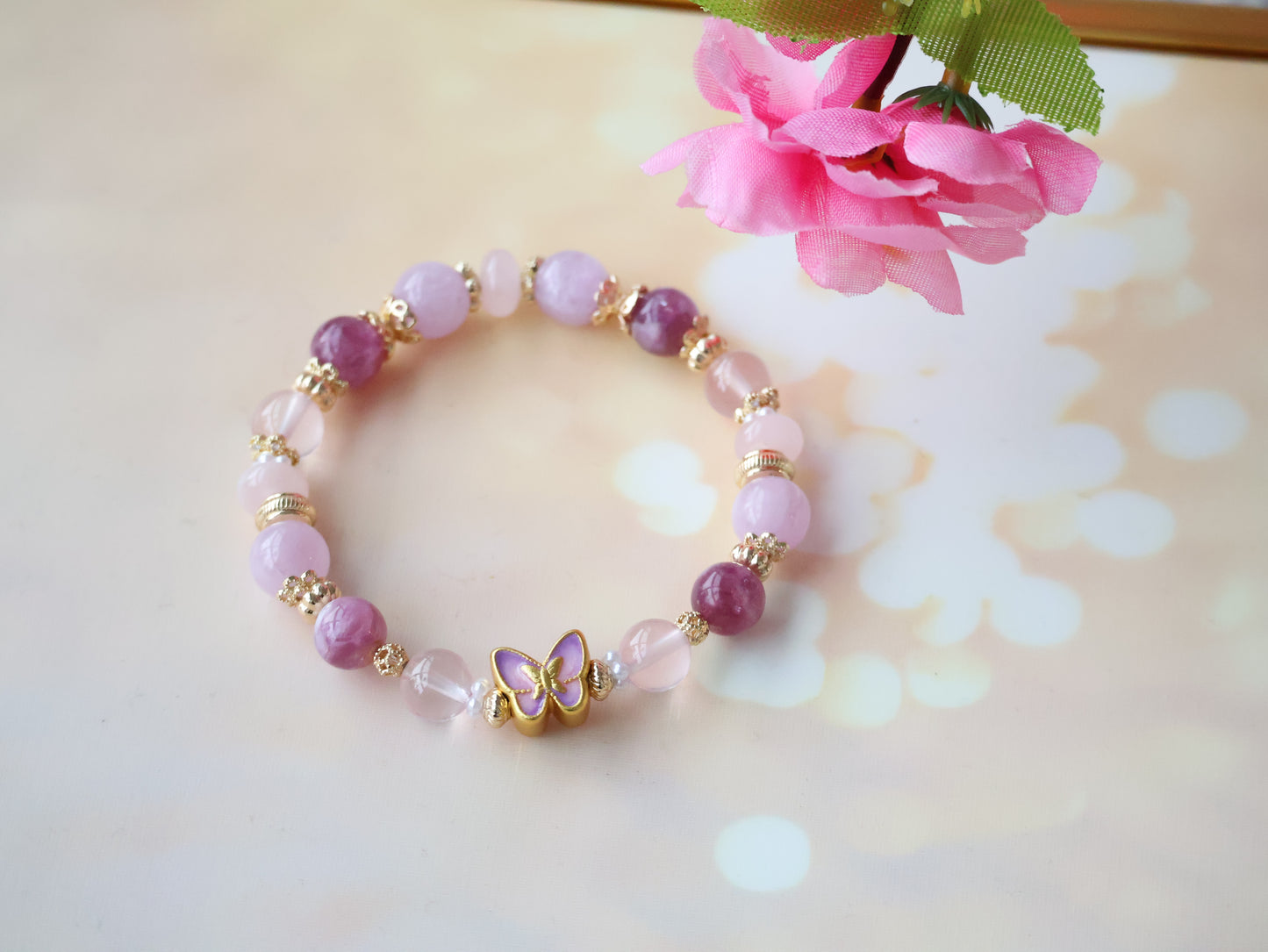 *Instocks* Cheru Customs - Pink Purple Emerald Mica, Kunzite, Rose Quartz & Rose Quartz Rondelle with Purple Butterfly Charm Crystal Bracelet