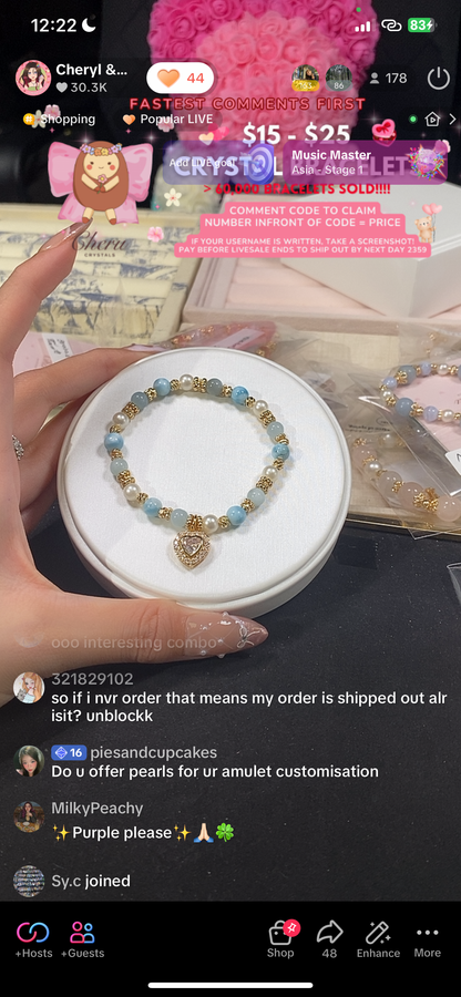 *Backorder* Larimar & Aquamarine with Gem Heart Charm Crystal Bracelet (Elastic) 2.0