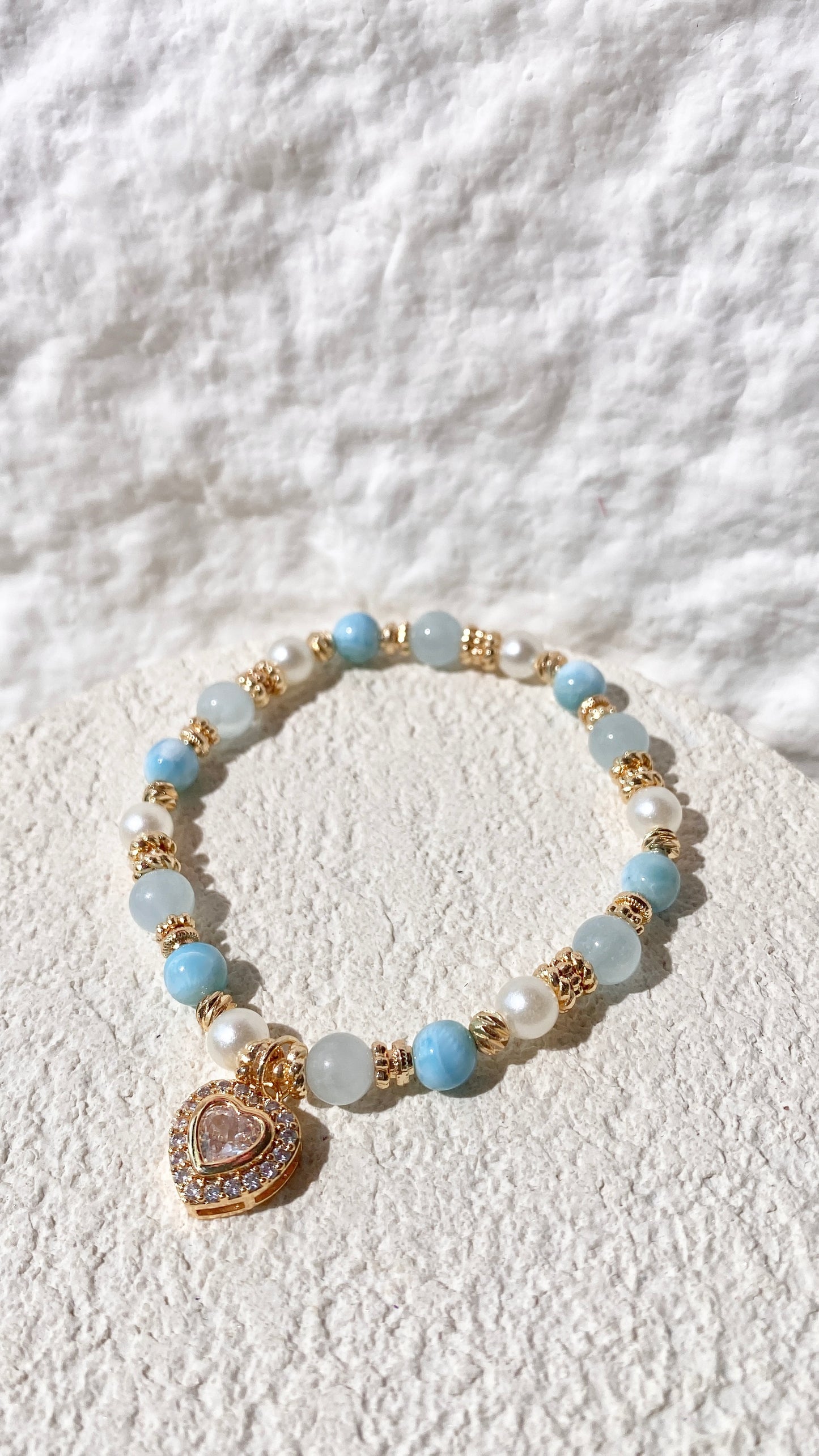 *PO* Larimar & Aquamarine with Gem Heart Charm Crystal Bracelet (Elastic)