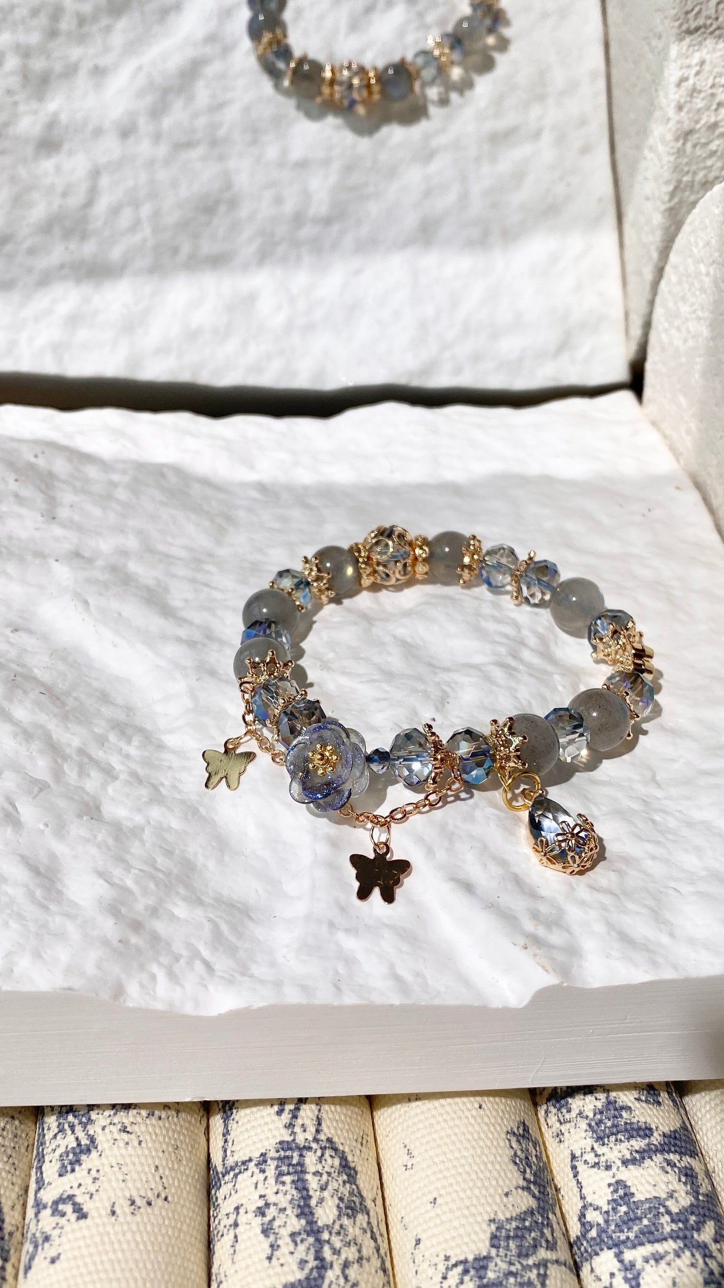 *PO* Labradorite with Blue Flower Charm, Teardrop Charm & Butterfly Chain Crystal Bracelet (Elastic)