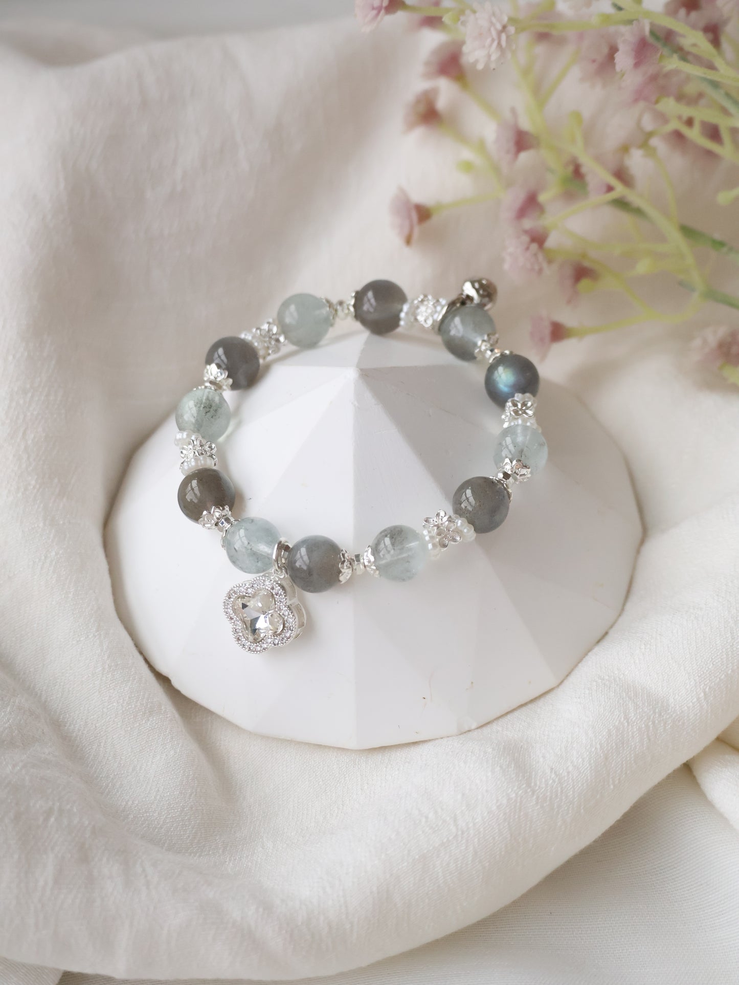 *Backorder* Cordelia Twin - Labradorite & Devil Blue Aquamarine with Sparkly Clover Charm Crystal Bracelet (Elastic)