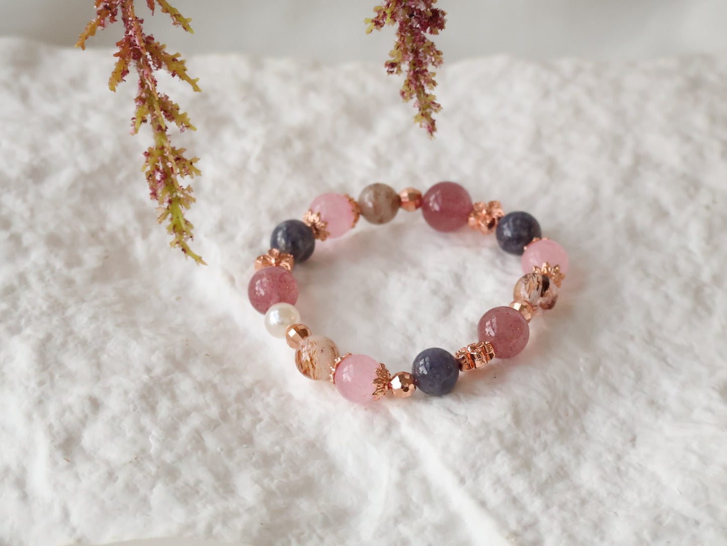 *Backorder* Iolite, Black Gold Super 7, Strawberry Quartz & Rose Quartz Crystal Bracelet (Elastic)