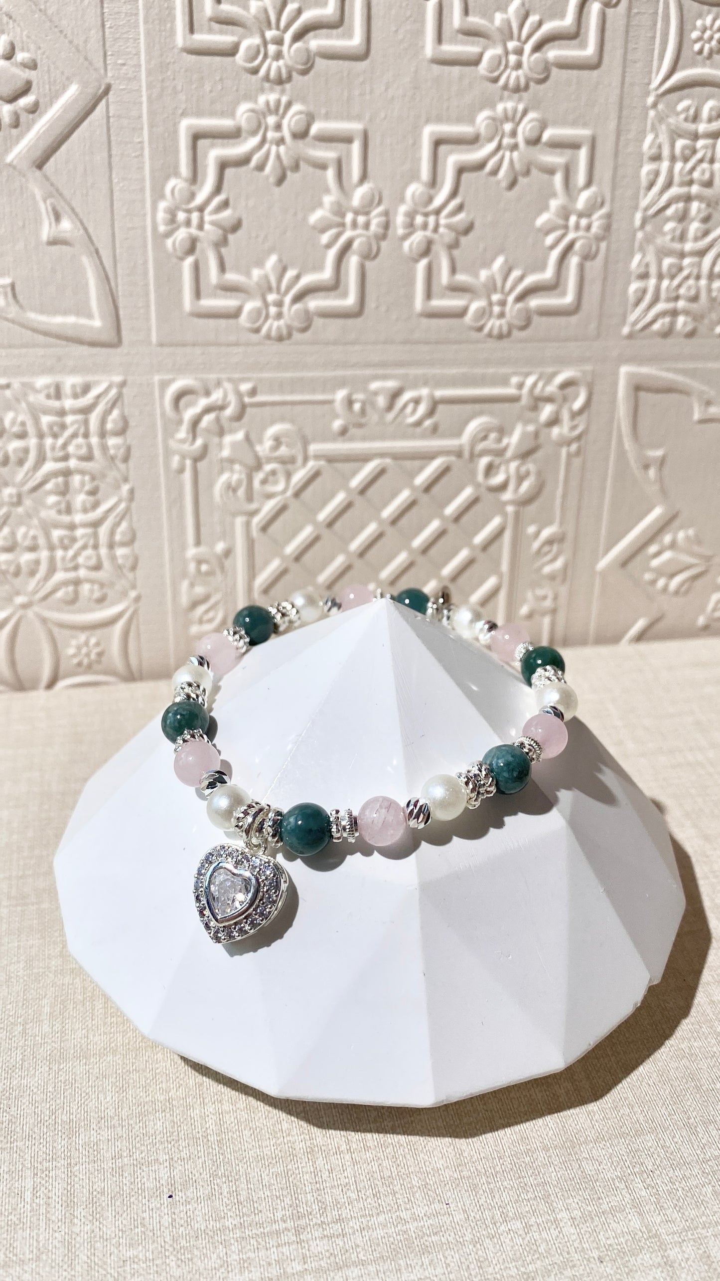 *PO* Blue Water Jade & Rose Quartz with Gem Heart Charm Crystal Bracelet (Elastic)