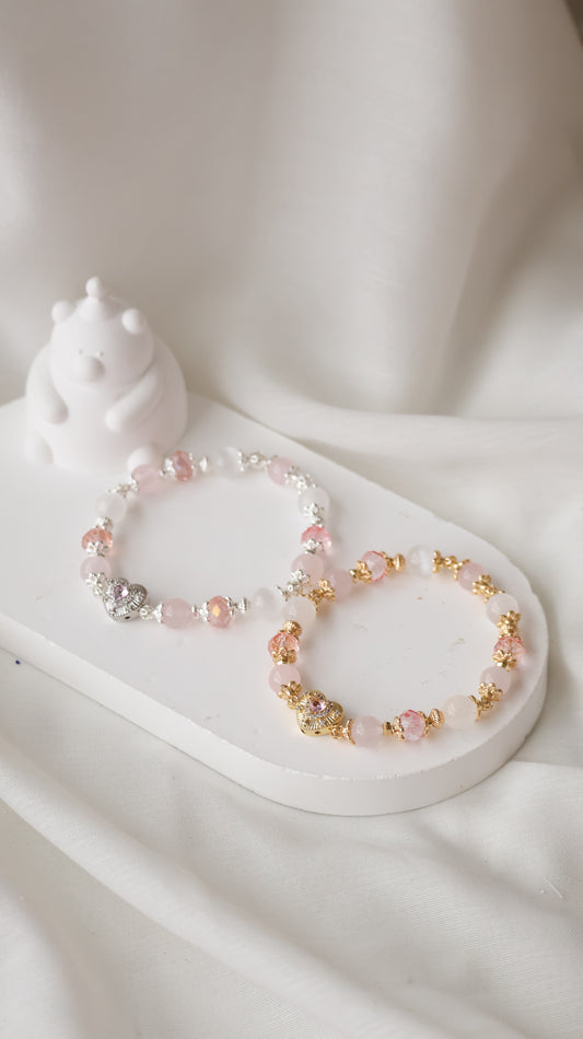 *Backorder* Rose Quartz & Satin Spar with Pink Gem Heart Crystal Bracelet (Elastic)