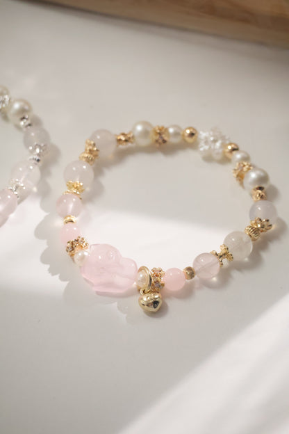 *Instocks* Rose Quartz, Snow Garden Rose Quartz & White Agate with Rose Quartz Nine Tail Fox Crystal Bracelet (Elastic)