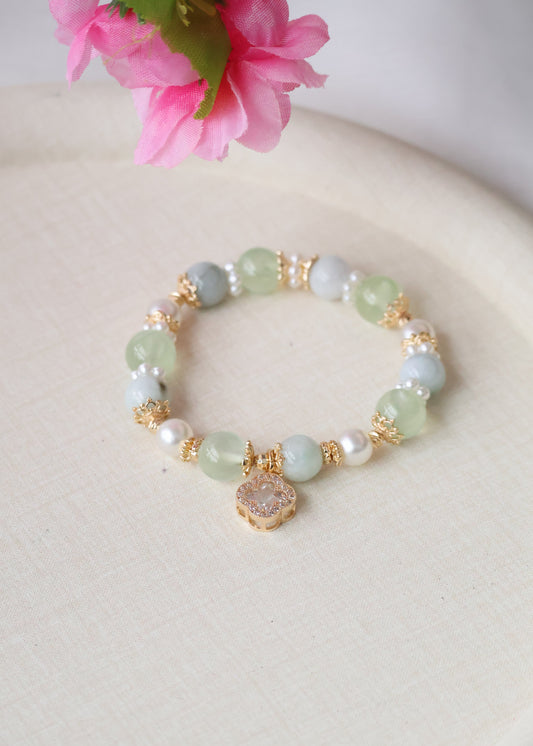 *PO* Cordelia Twin - Prehnite & Green Jadeite with Sparkly Clover Charm Crystal Bracelet (Elastic)