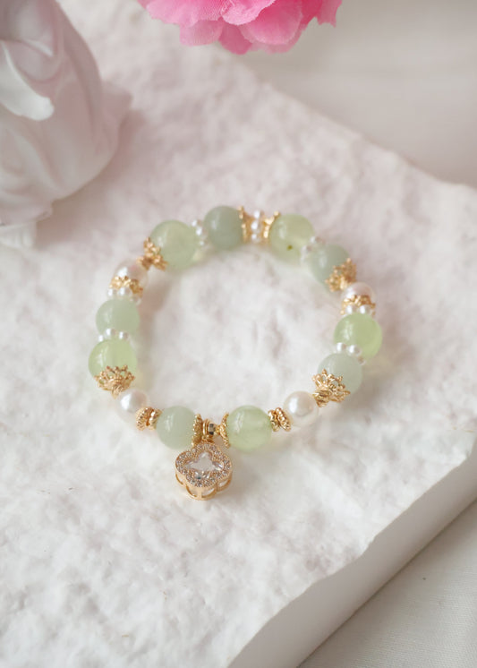 *PO* Cordelia Twin - Green Aquamarine & Prehnite with Sparkly Clover Charm Crystal Bracelet (Elastic)