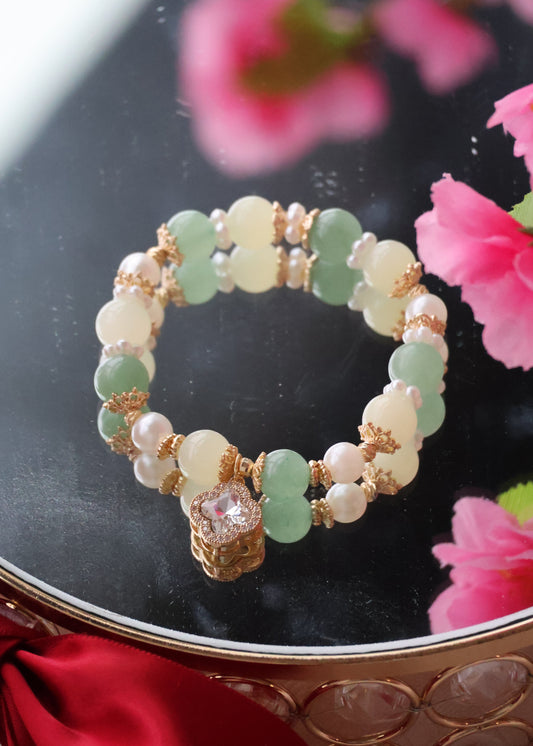 *PO* Cordelia Twin - Green Aventurine & Green Calcite with Sparkly Clover Charm Crystal Bracelet (Elastic)