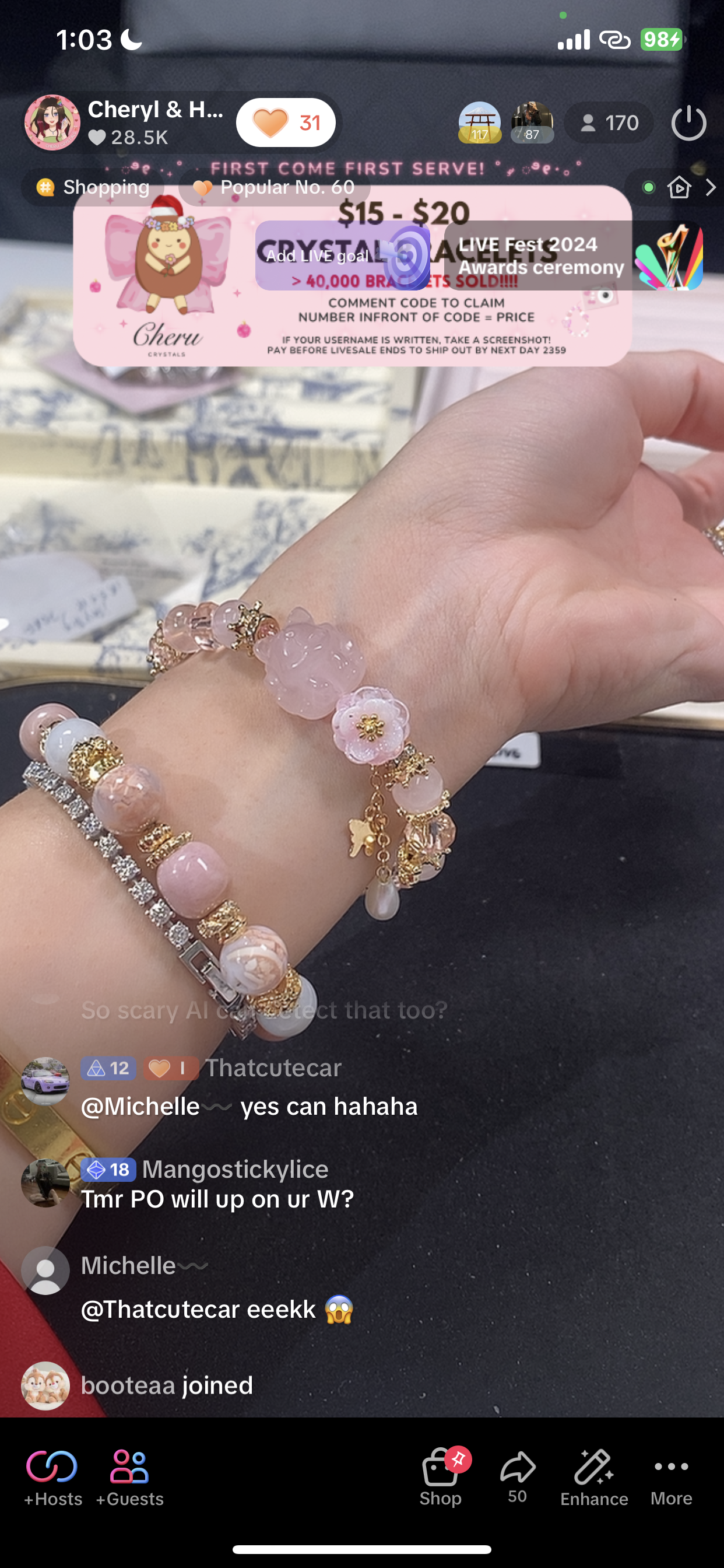 *PO* Rose Quartz Nine Tail Fox 九尾狐 with Pink Flower Charm & Pearl Dangly Crystal Bracelet (Elastic)