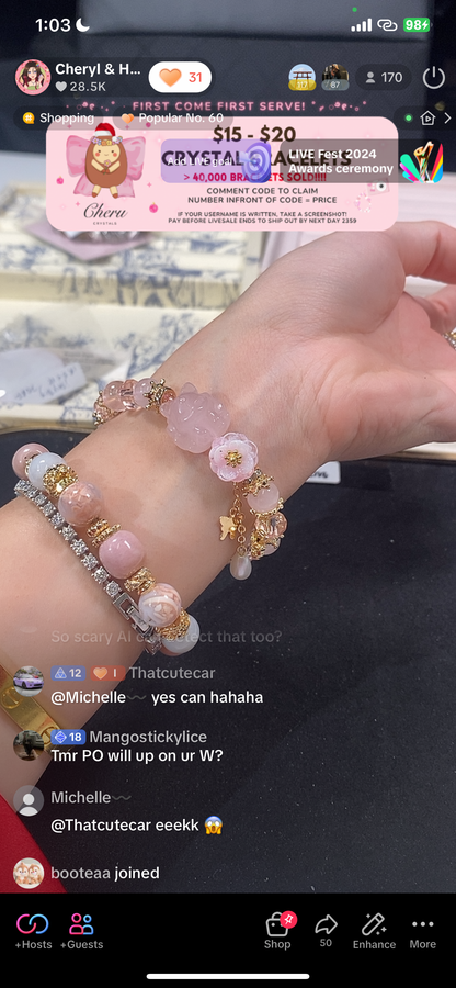 *PO* Rose Quartz Nine Tail Fox 九尾狐 with Pink Flower Charm & Pearl Dangly Crystal Bracelet (Elastic)