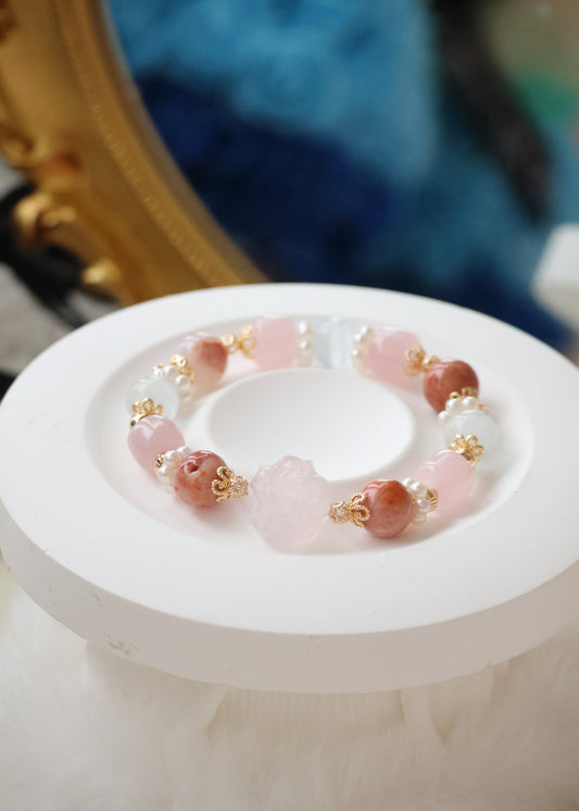 *Backorder* Flower Agate, Rose Quartz & Cat Eye with Rose Quartz Flower Charm Crystal Bracelet (Elastic)