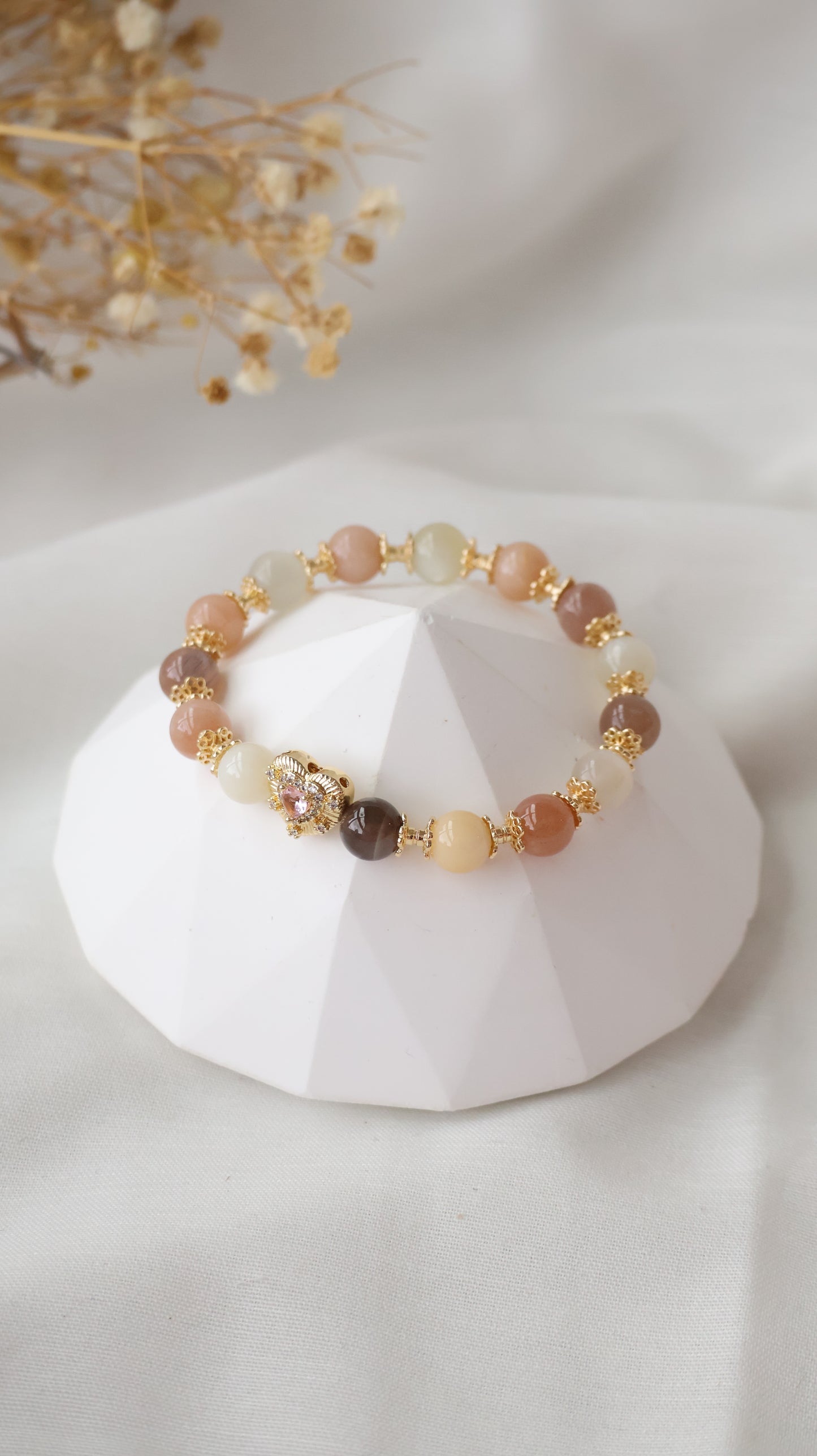 *Backorder* Moonstone & Peach Moonstone with Pink Gem Heart Crystal Bracelet (Elastic)