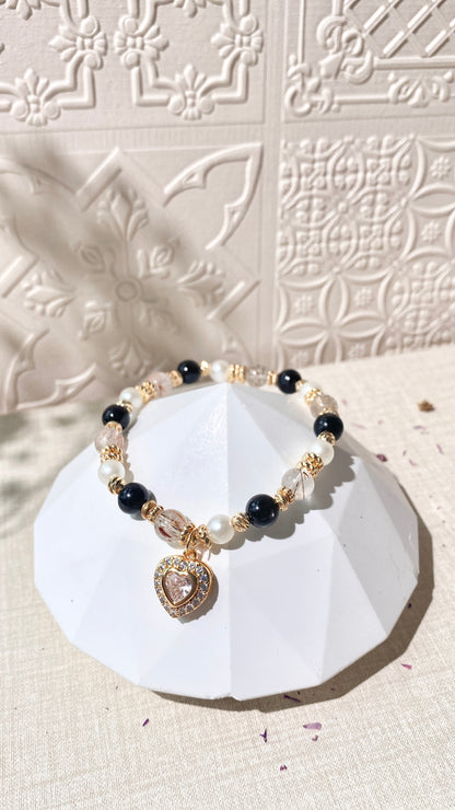 *PO* Hypersthene & Black Gold Super 7 with Gem Heart Charm Crystal Bracelet (Elastic)