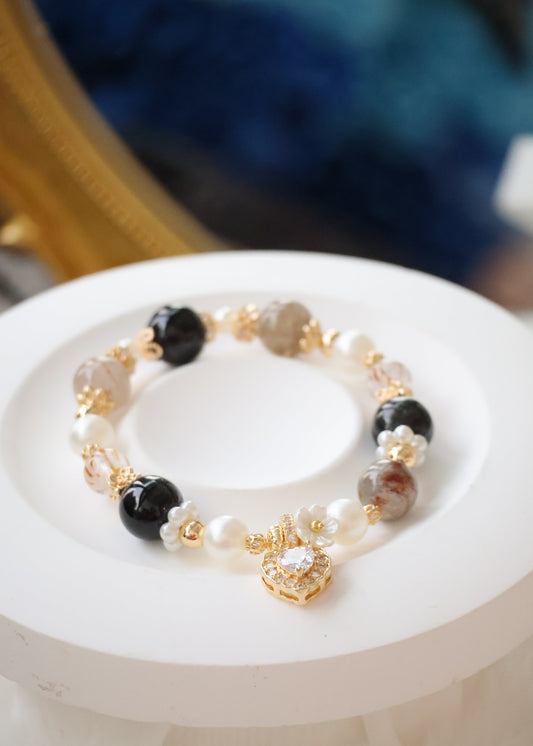 *Backorder* Garden Quartz, Hypersthene & Black Gold Super 7 with Sparkly Heart & White Flower Charms Crystal Bracelet (Elastic)