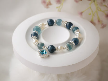 *Backorder* Cordelia Twin - Blue Fluorite & Devil Blue Aquamarine with Sparkly Blue Clover Crystal Bracelet (Elastic)