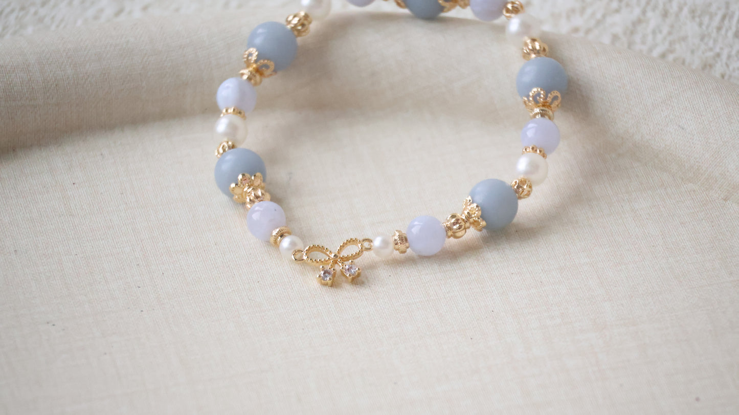 *Backorder* Angelite & Blue Lace Agate with Ribbon Charm Crystal Bracelet (Elastic)