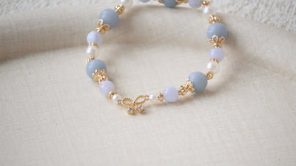 *Backorder* Angelite & Blue Lace Agate with Ribbon Charm Crystal Bracelet (Elastic)