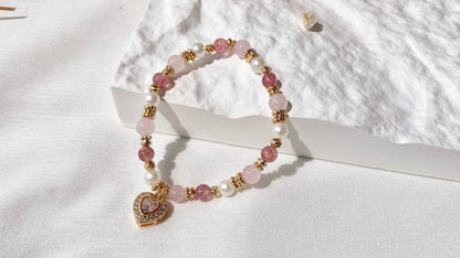 *PO* Strawberry Quartz & Rose Quartz with Gem Heart Charm Crystal Bracelet (Elastic)