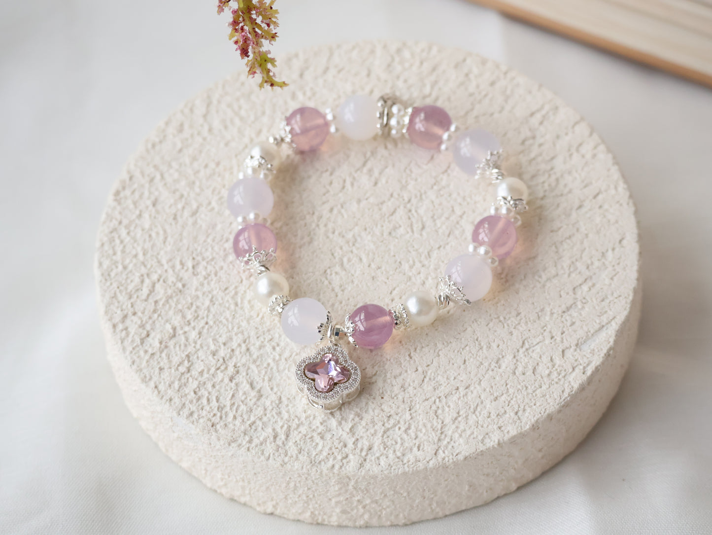 *Backorder* Cordelia Twin - Pink Star Ruby & Purple Agate with Sparkly Pink Clover Crystal Bracelet (Elastic)