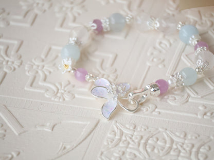 *Backorder* Aquamarine, Kunzite & White Phantom Quartz with Flower Clasp Crystal Bracelet (Elastic)