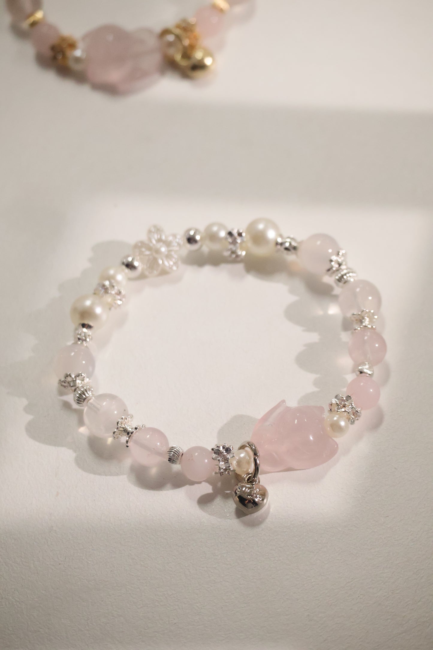 *Instocks* Rose Quartz, Snow Garden Rose Quartz & White Agate with Rose Quartz Nine Tail Fox Crystal Bracelet (Elastic)