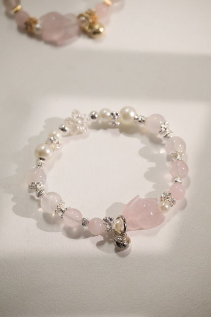 *Instocks* Rose Quartz, Snow Garden Rose Quartz & White Agate with Rose Quartz Nine Tail Fox Crystal Bracelet (Elastic)
