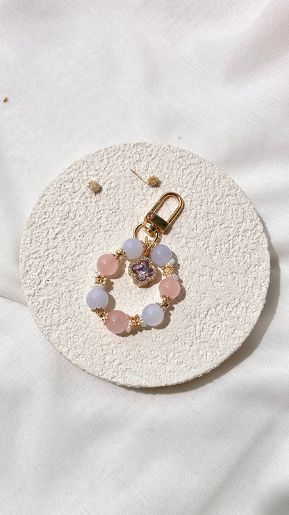 *PO* Blue Chalcedony & Rose Quartz with Sparkly Clover Charm in Gold Crystal Keychain