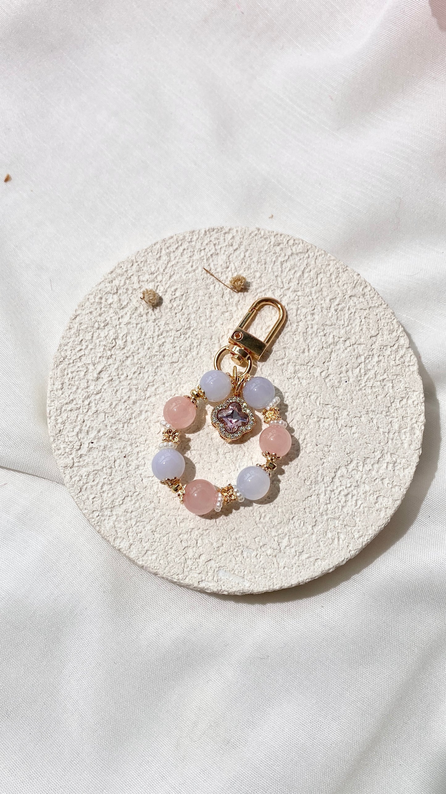 *PO* Blue Chalcedony & Rose Quartz with Sparkly Clover Charm in Gold Crystal Keychain